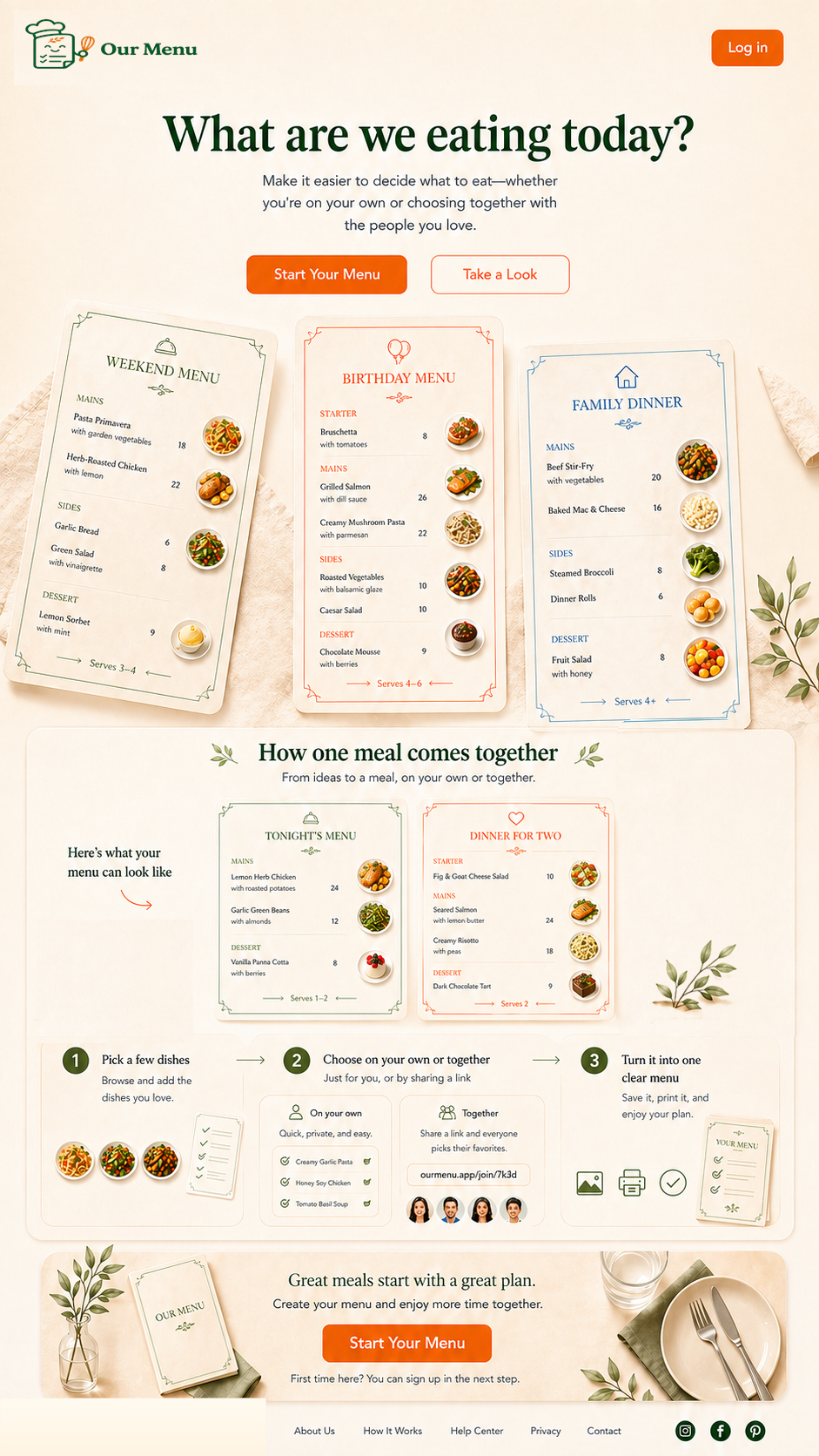 Our Menu landing page design